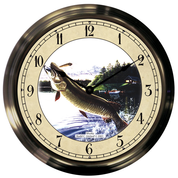 14" Jumping Musky Antique Brass Fishing Clock - Trintec Industries Inc.