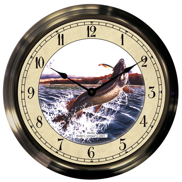14" Musky Antique Brass Fishing Clock - Trintec Industries Inc.