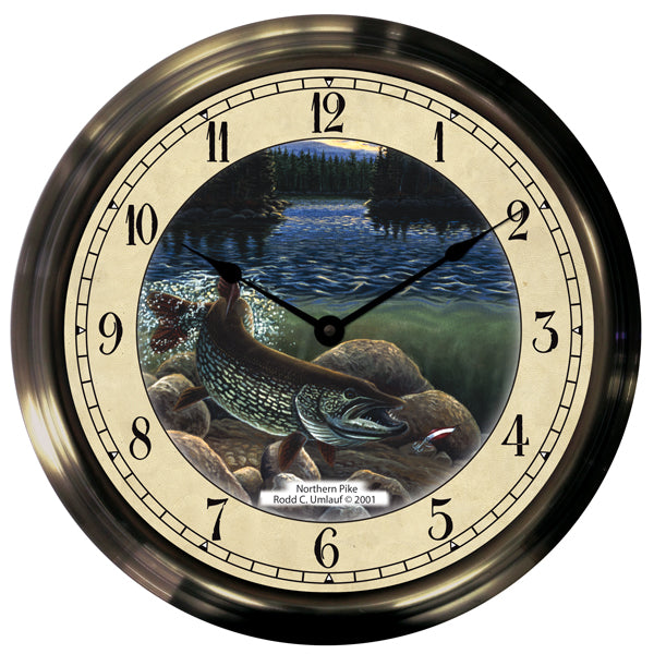14" Pike Antique Brass Fishing Clock - Trintec Industries Inc.