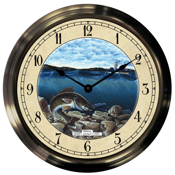 14" Walleye Antique Brass Fishing Clock - Trintec Industries Inc.