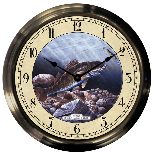 14" Underwater Walleye Antique Brass Fishing Clock - Trintec Industries Inc.