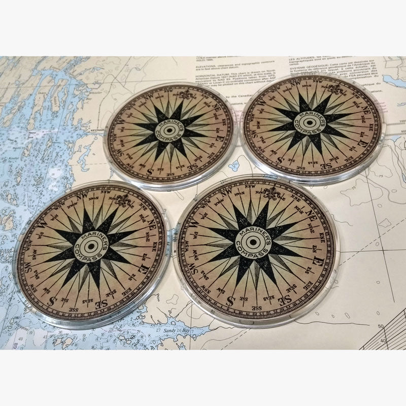 Mariner s Compass 4 Piece Round Acrylic Coaster Set NEW