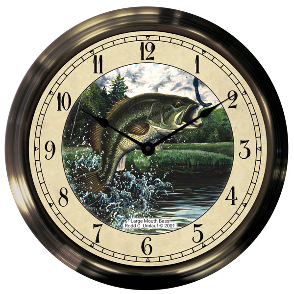 14" Largemouth Bass Antique Brass Fishing Clock - Trintec Industries Inc.
