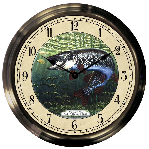 14" Northern Pike Antique Brass Fishing Clock - Trintec Industries Inc.