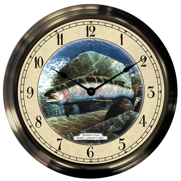 14" Rainbow Trout Antique Brass Fishing Clock - Trintec Industries Inc.