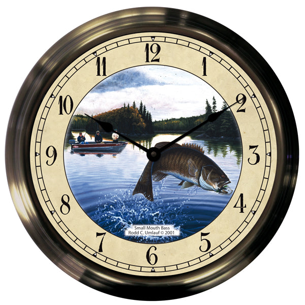 14" Smallmouth Bass Antique Brass Fishing Clock - Trintec Industries Inc.