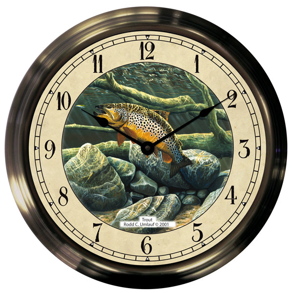 14" Underwater Trout Antique Brass Fishing Clock - Trintec Industries Inc.